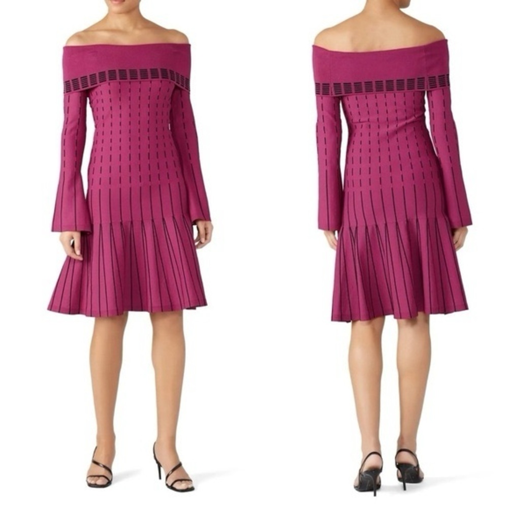 Prabal Gurung Dress Womens 0 Magenta Off the Shoulder Dotted Fit and Flare Knit